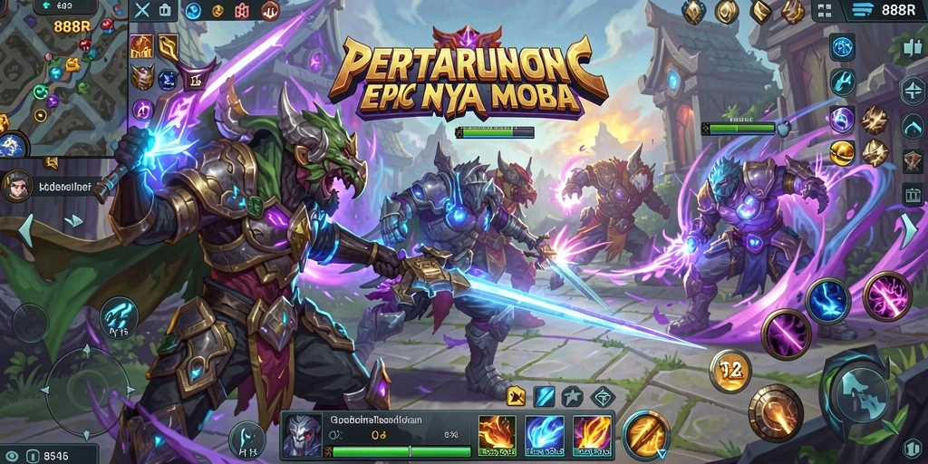 Tangkapan layar <strong>888R</strong> menampilkan aksi seru dalam pertarungan MOBA.