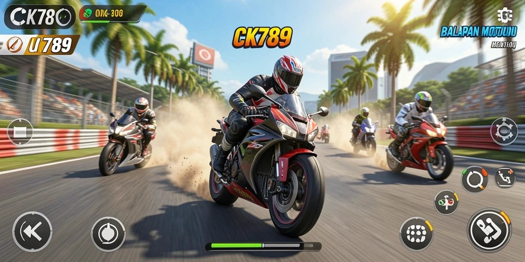 Screenshot gameplay CK789 dengan aksi balapan motor yang mendebarkan.