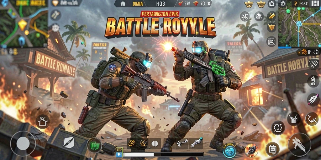 Tangkapan layar menampilkan pertarungan seru di arena Battle Royale.