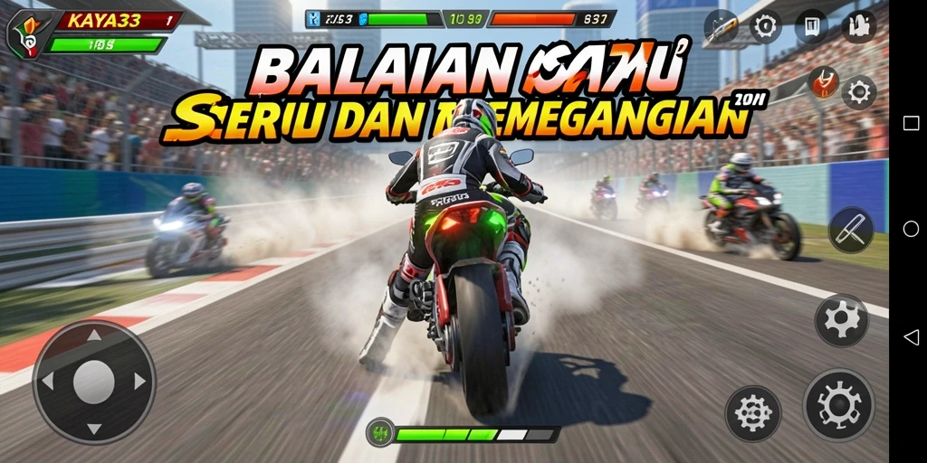 Screenshot gameplay KAYA33 menampilkan balapan motor yang intens dan mendebarkan.