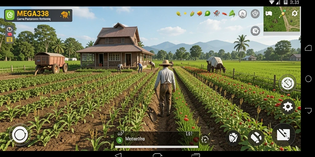 Tampilan gameplay <strong>MEGA338</strong> yang menunjukkan kebun yang subur dan hewan ternak.