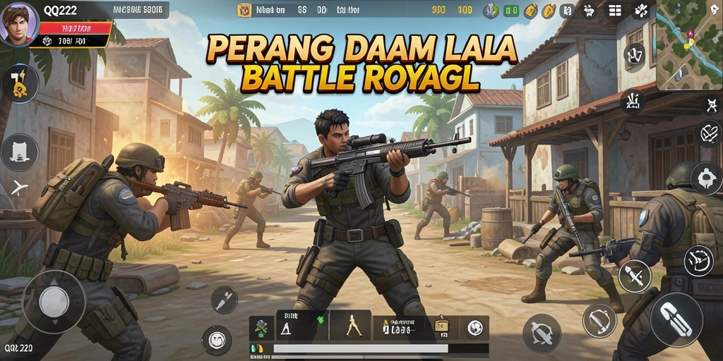 Tangkapan layar QQ222 menampilkan aksi intens dalam pertempuran Battle Royale.